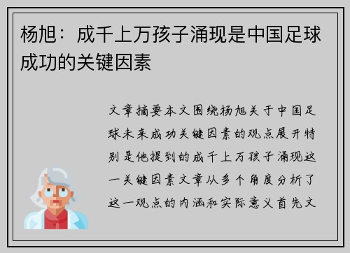 杨旭：成千上万孩子涌现是中国足球成功的关键因素