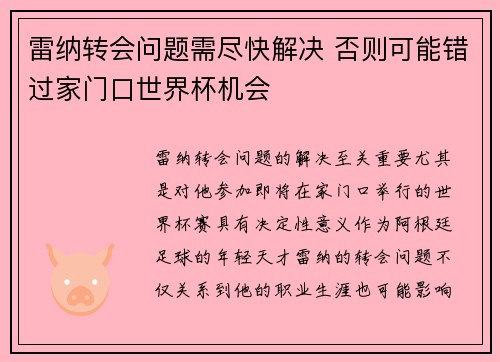雷纳转会问题需尽快解决 否则可能错过家门口世界杯机会