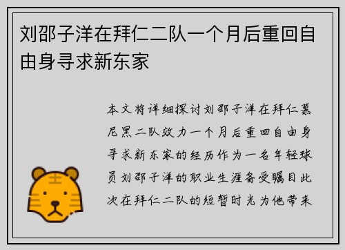 刘邵子洋在拜仁二队一个月后重回自由身寻求新东家