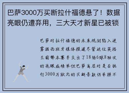 巴萨3000万买断拉什福德悬了！数据亮眼仍遭弃用，三大天才新星已被锁定